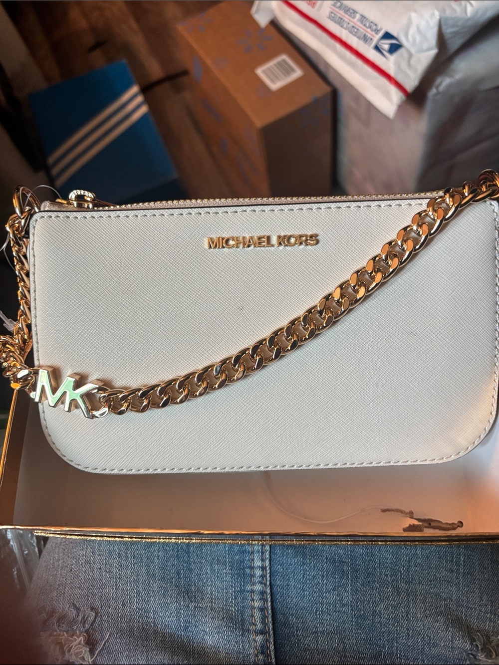 Michael Kors White Saffiano Leather Chain Shoulder Crossbody - Picture 1 of 7